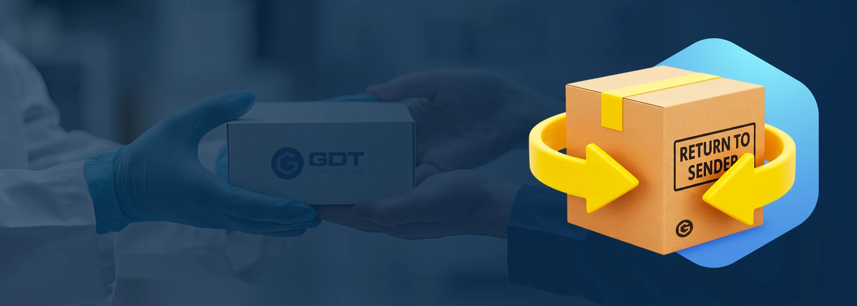 Person wearing gloves holding a gray box with a 'Return to Sender' cardboard box graphic on a blue background.