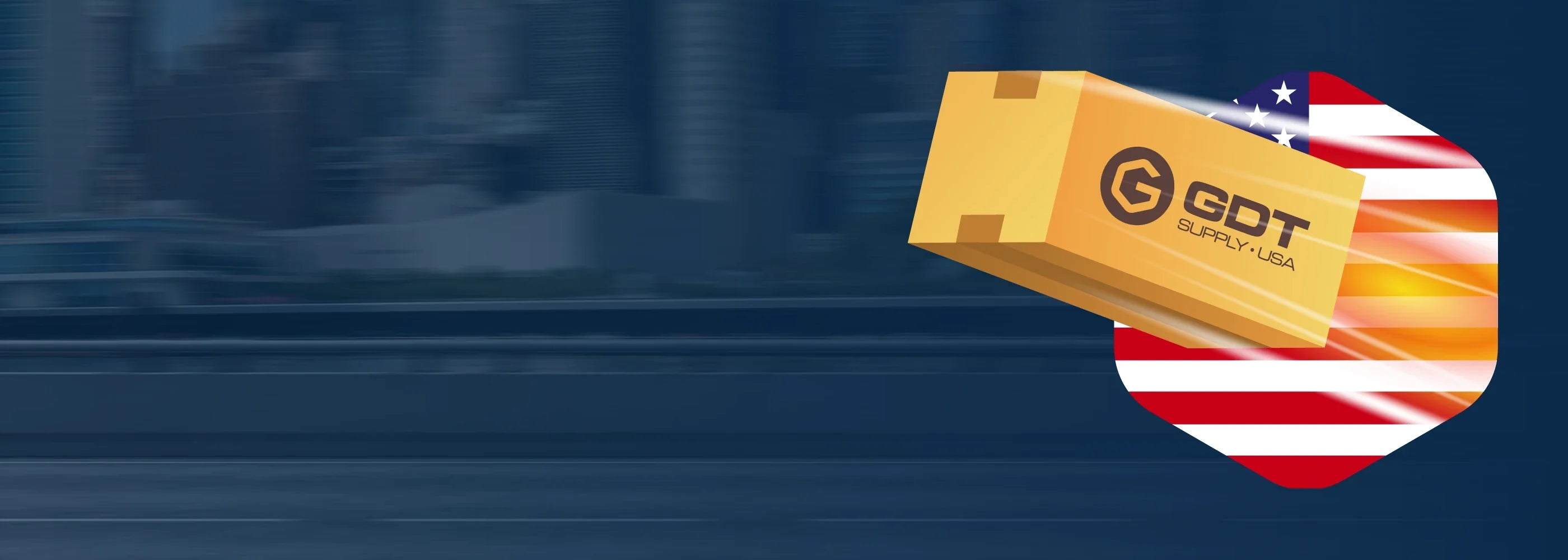 GDT Supply USA banner featuring a golden shipping box over a stylized American flag