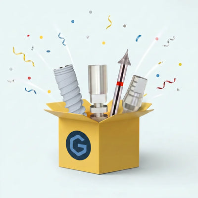 Yellow box with dental tools and confetti on a light blue background