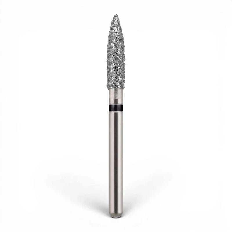 Close-up dental bur with textured diamond working tip and metal shank on a transparent background