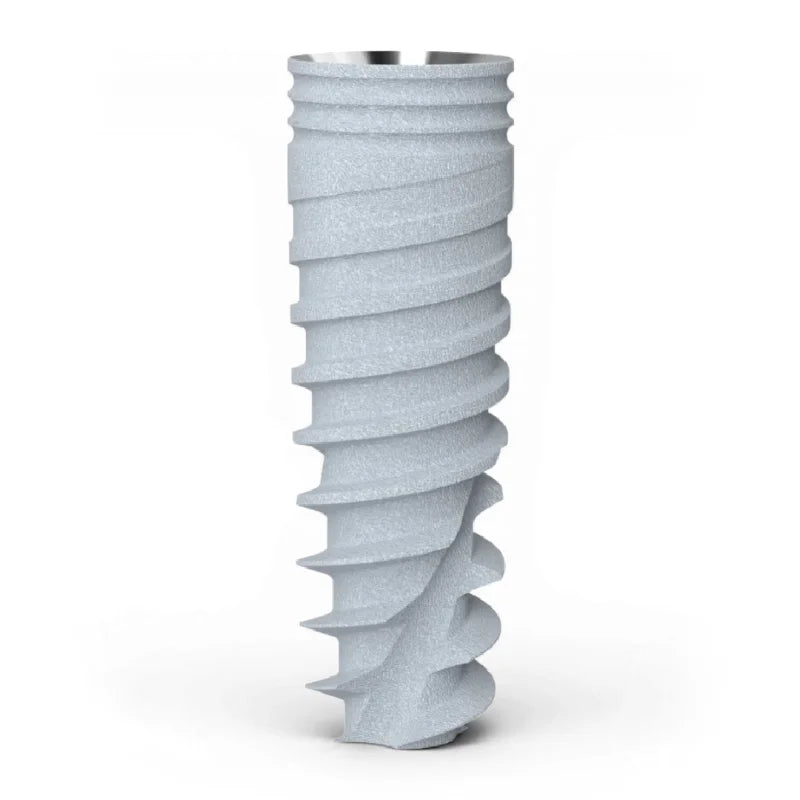 dental implants with a surface treatment and with a spiral design on a white background
