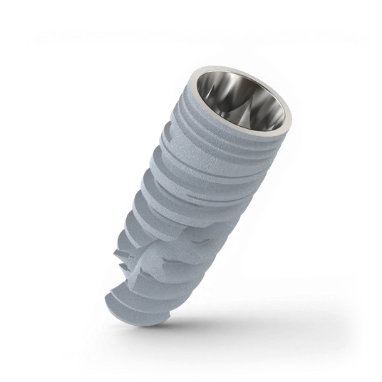 GDT titanium dental implant with shadow on a white background